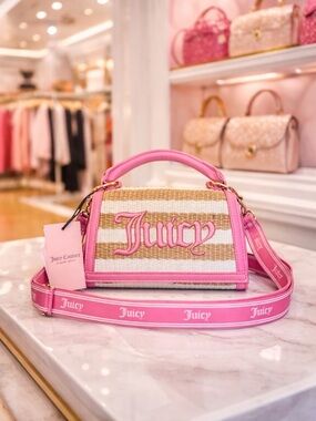 Juicy Couture Straw & Pink Crossbody Bag/Purse Adjustable Logo Strap Summer Chic